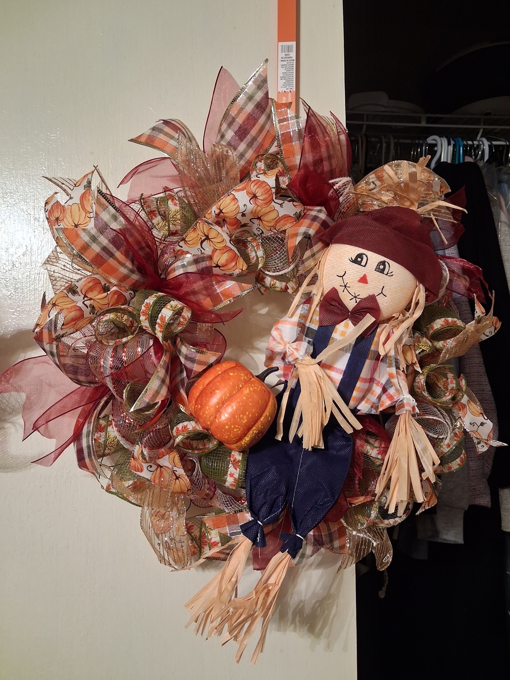 Autumn Scarecrow Harvest Wreath - Burgundy, Orange, Brown